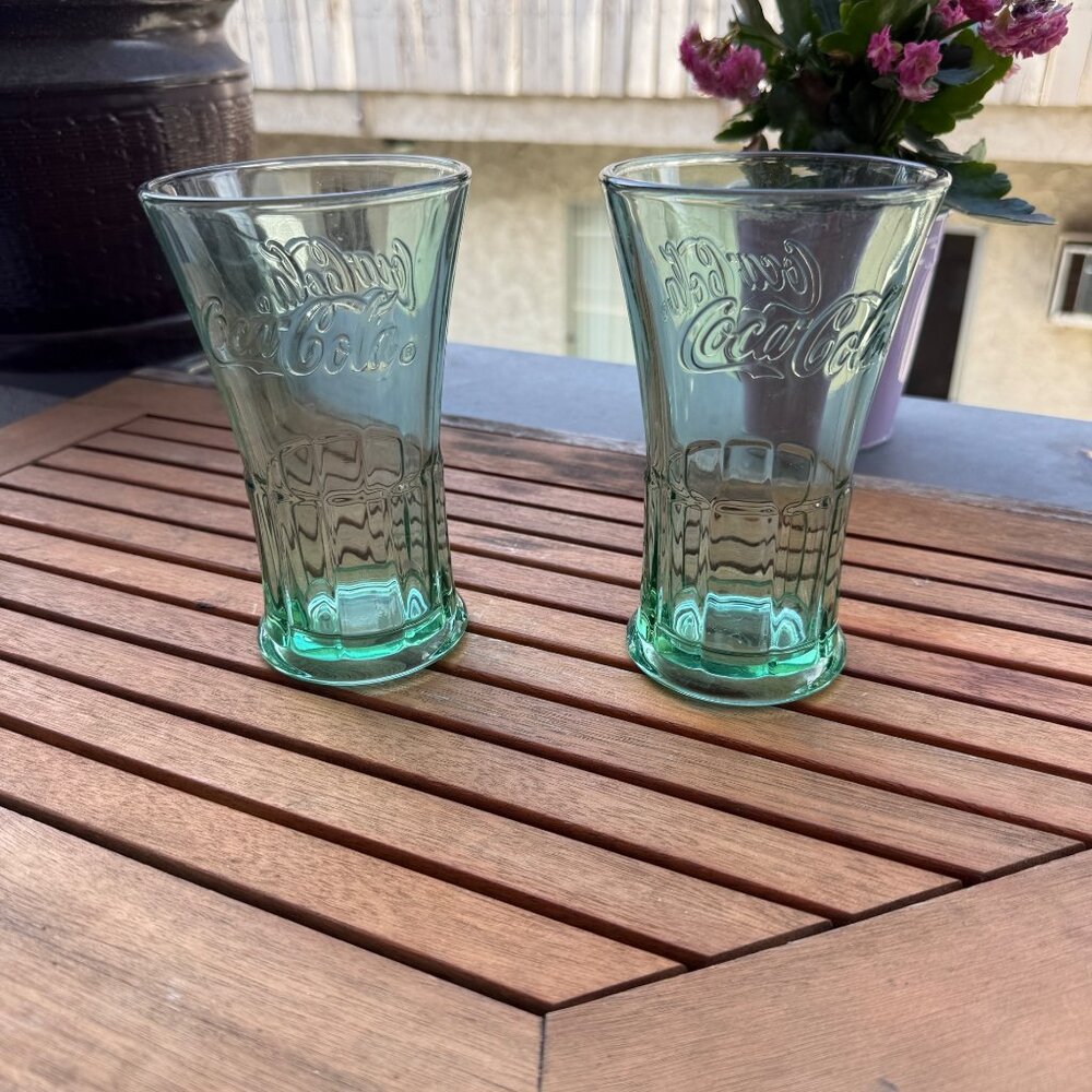 Set Of 2 Coca-Cola Green Glass 16 Oz Vintage Style Tumbler Cups With Embossed Lo